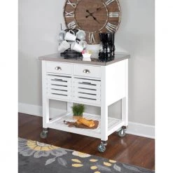 Hawthorn White Kitchen Cart with Two Drawers, Two Pull-Out Bins, Shelf, and Stainless Steel Top by Linon Home Decor -Linon Home Decor Shop white linon home decor kitchen carts thd03432 44 1000
