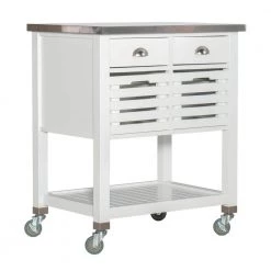 Hawthorn White Kitchen Cart with Two Drawers, Two Pull-Out Bins, Shelf, and Stainless Steel Top by Linon Home Decor