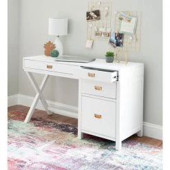 Sara 48 in. Rectangle White Wood 4-Drawer Computer Desk with Side Storage by Linon Home Decor -Linon Home Decor Shop white linon home decor writing desks thd02967 1f 1000